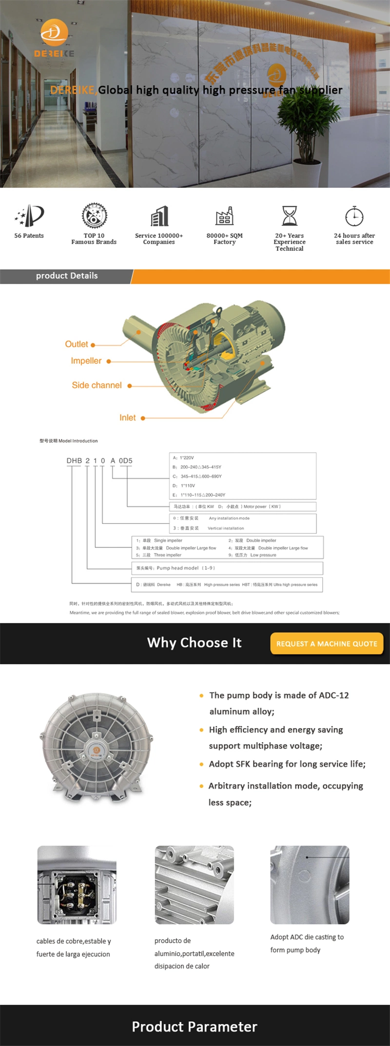 Dereike 7.5kw High Pressure Ring Blower Vacuum Blower for Pneumatic Conveying